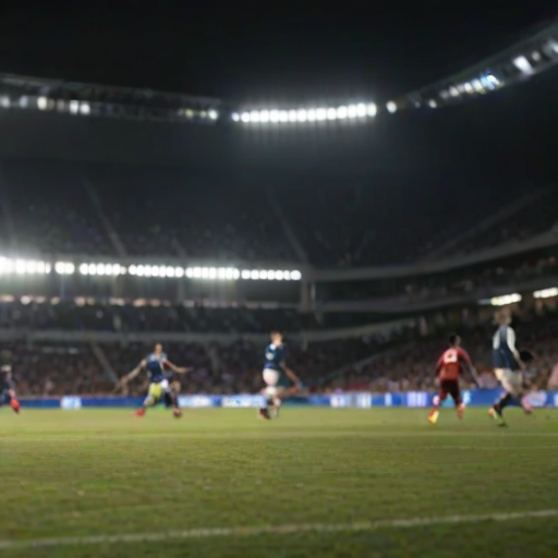 Blurry action shot of a soccer game in progress, the ball mid-air as a player attempts a goal, intense focus on the motion, distant spectators cheering, soft stadium lights casting long shadows on the field.