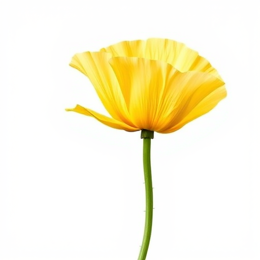 Generate a high-quality botanical illustration of a yellow poppy flower with its stem and leaves, captured using a DSLR camera at f/4.0 aperture, 50mm lens, ISO 100, and soft natural lighting for enhanced detail and color vibrancy.