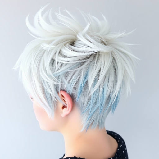Frosty platinum blonde pixie cut with icy blue tips, Arctic's hair embodies the essence of winter, featuring spiky texture and a swept-back style that resembles windswept snow