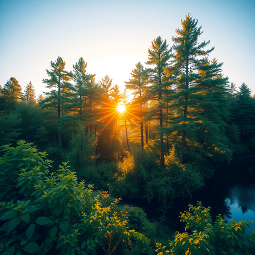 Create a vibrant illustration of a serene forest landscape during golden hour with rich green foliage, soft sunlight filtering through the trees, and a calm river reflecting the sky, captured with a Canon EOS R5, 24mm lens, f/2.8 aperture, 1/125s shutter speed, ISO 100, in a wide-angle view to enhance depth and detail.