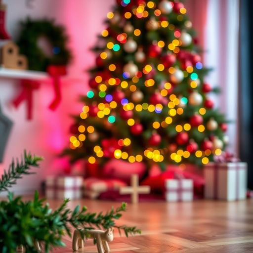 Cozy holiday scene with a softly blurred Christmas tree adorned with colorful lights and decorations in the background warm wooden floor in the foreground subtle greenery and festive atmosphere.