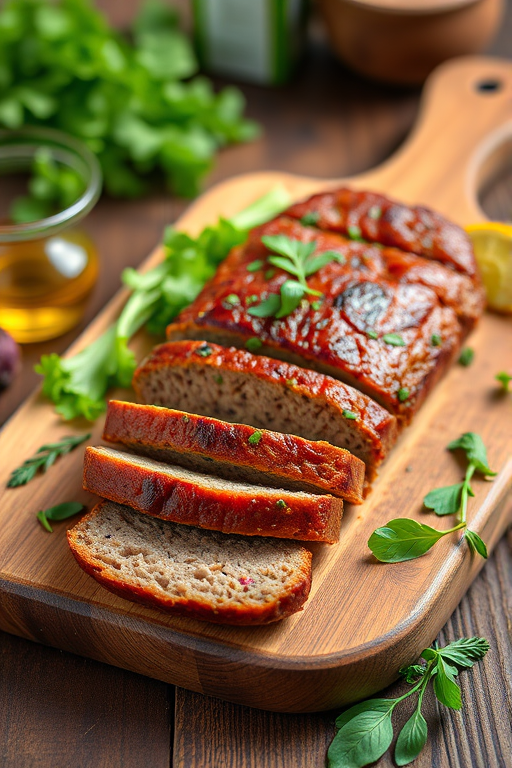 Create a high-resolution image of a beautifully presented meatloaf on a wooden cutting board, with vibrant greens and herbs surrounding it, using a Canon EOS R6 camera with a 50mm lens set at f/1.8, shutter speed 1/100s, ISO 200, natural light from the side, shallow depth of field for a soft background.