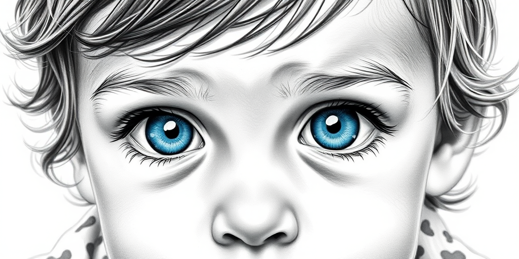 A hyperdetailed photorealistic black and white sketch of a beautiful toddler with deep cyan eyes, with a macro focus