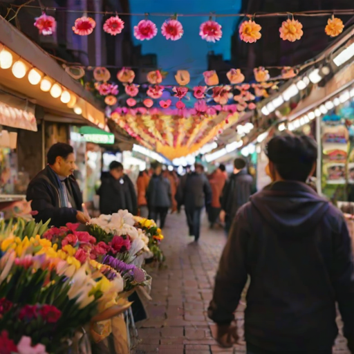 Blurry candid photo of a street vendor selling colorful flowers in a bustling city market, soft glow from overhead string lights illuminating the vibrant petals, with distant pedestrians walking by.