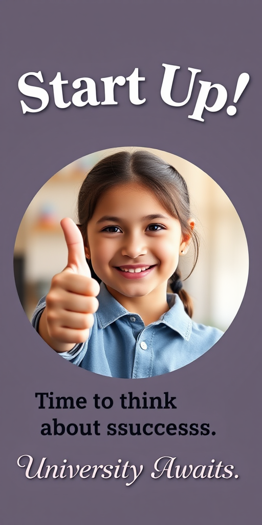 Create an image featuring a young girl giving a thumbs up with a positive expression inside a circular frame, with the words "Start Up!" in bold at the top, and "Time to think about success. University Awaits." in an elegant font below, shot with a Canon EOS 5D Mark IV, aperture f/2.8, ISO 100, with a bright, soft-focus background to enhance the central elements.