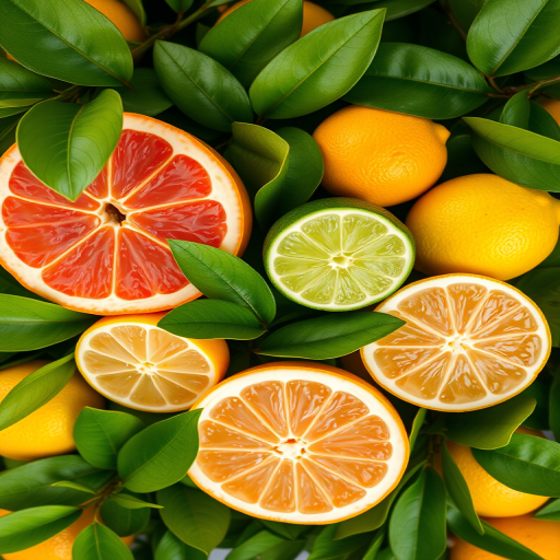 Capture a vibrant still life of assorted citrus fruits including pink grapefruit, lime, and lemon on lush green leaves, using a macro lens at f/2.8, ISO 100, shutter speed 1/125s, with natural soft lighting, shot from a top-down view on a DSLR camera.