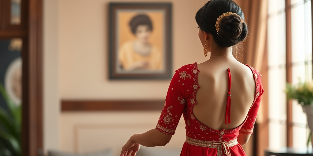 Generate a high-resolution image of a woman in a red traditional dress with a backless design, positioned gracefully in a softly lit indoor setting, using a Canon EOS R5 at f/1.8 aperture, ISO 100, with a 50mm lens and a shallow depth of field to create a bokeh effect in the background.