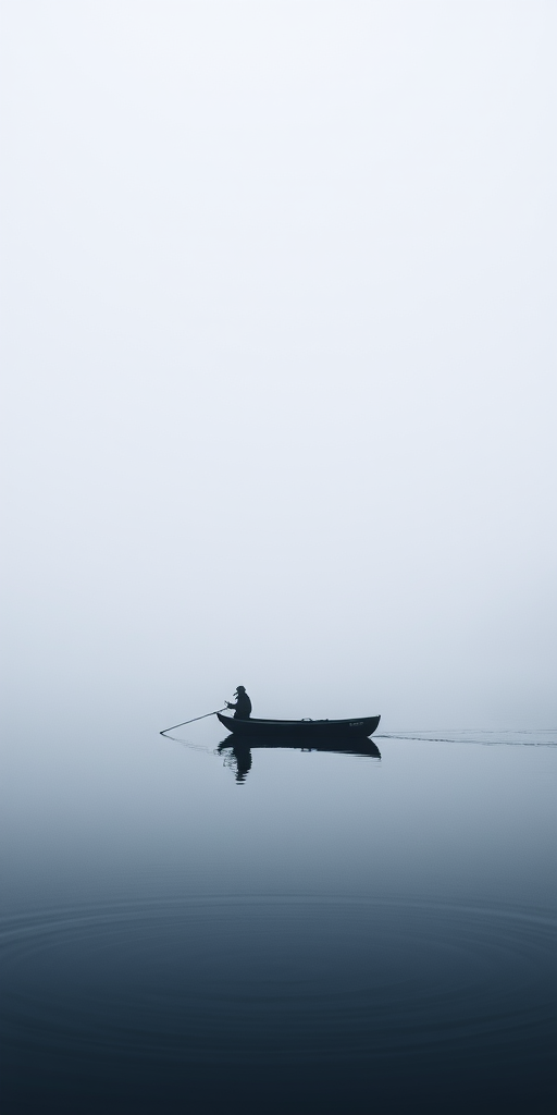 Low-contrast, foggy morning scene of a small fishing boat on a still lake, the silhouette of the fisherman barely visible, mist rising from the water, distant mountains blurred by the fog, the sound of quiet ripples as the boat gently rocks.