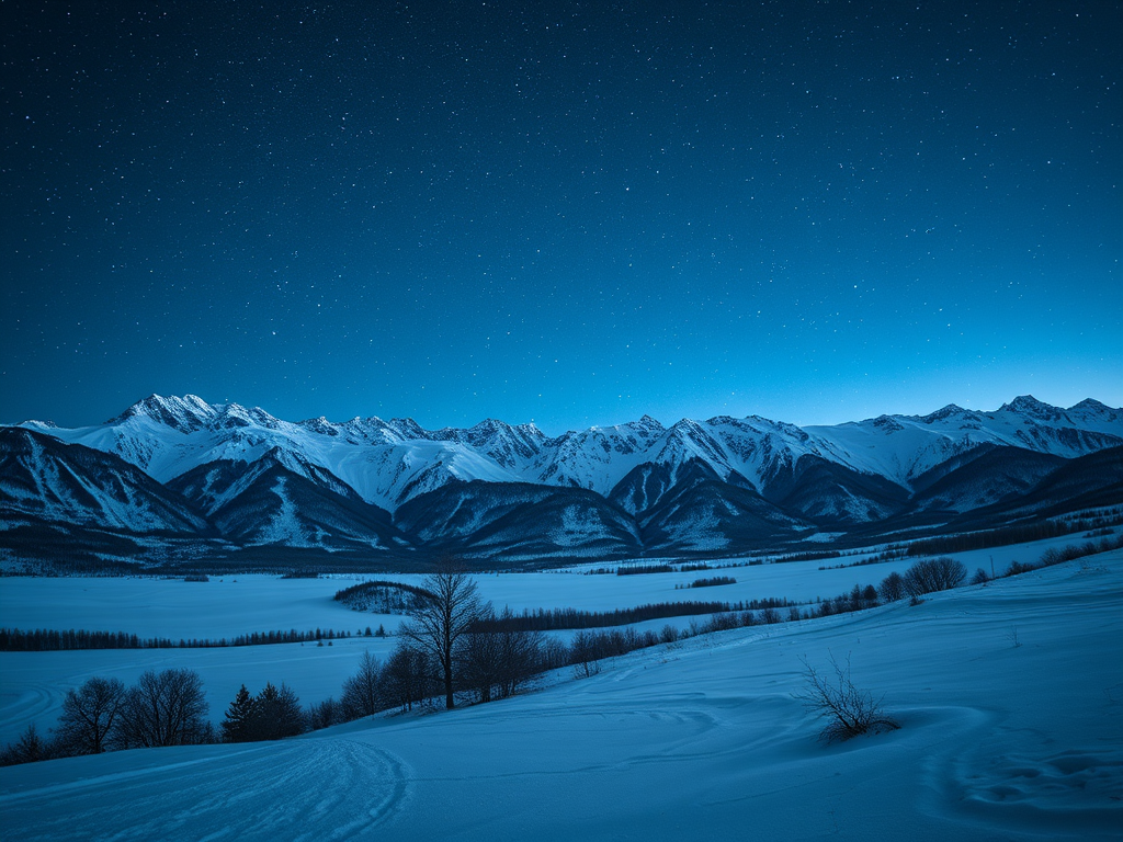 winter landscape with mountains and a starry sky at dawn, ISO 100, f/8, 30s exposure, wide-angle lens, high dynamic range, DSLR