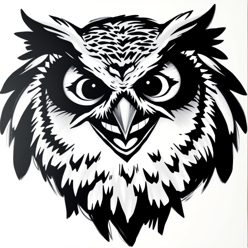 Abstract black and white acrylic portrait of an over exaggerated laughing (owl). Minimalism style. White background.