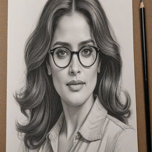 Ravishing Salma Hayek, pencil sketch, portrait of Splendid woman 1954s in glasses, hair style beatnik, outline, clear lines, fine lines, 8k