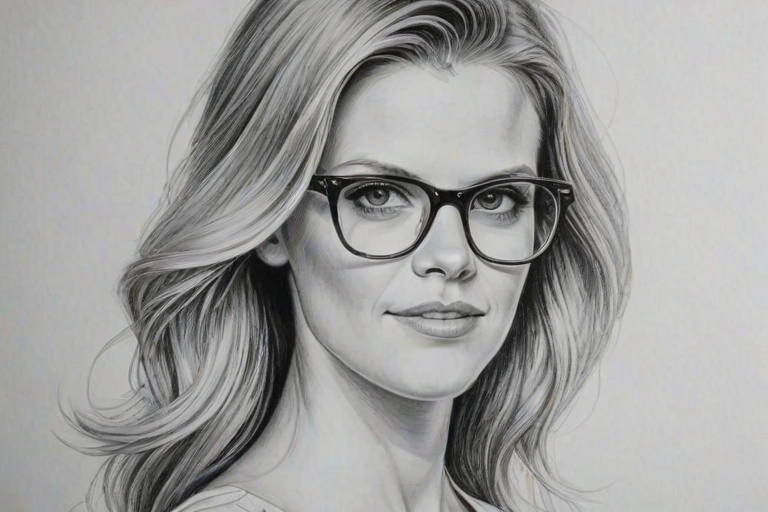 Stunning Brooklyn Decker, pencil sketch, portrait of Graceful woman 1931s in glasses, hair style beatnik, outline, clear lines, fine lines, 8k