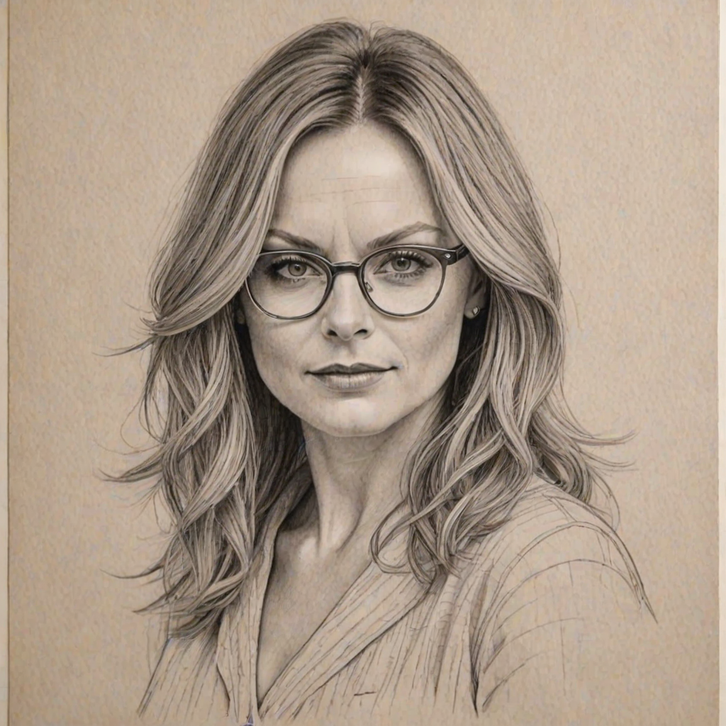 Splendid Geri Halliwell, pencil sketch, portrait of Exquisite woman 1922s in glasses, hair style beatnik, outline, clear lines, fine lines, 8k