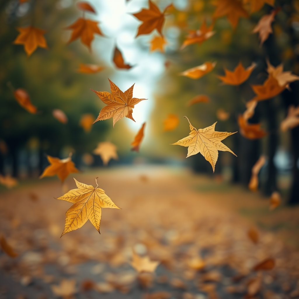 Create a high-resolution image of autumn leaves falling, captured with a DSLR camera at f/4.0 aperture, 1/500 sec shutter speed, ISO 100, using a 50mm lens in a slightly blurred background style to enhance depth and texture.