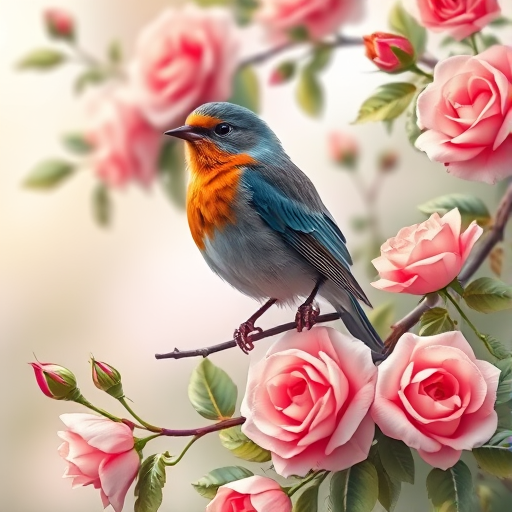 Generate a vibrant illustration of a bird perched on a floral branch with colorful roses, detailed texture, soft focus, balanced lighting, shot with a DSLR camera at f/2.8, 50mm lens, ISO 100, natural light.