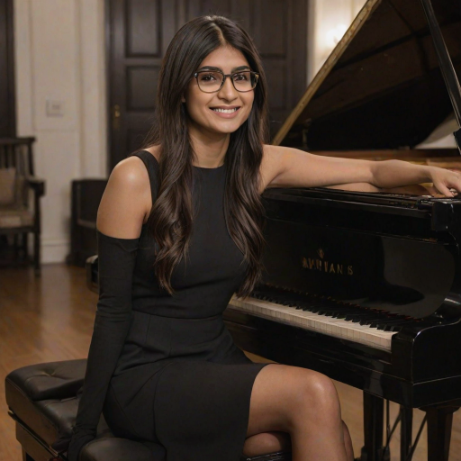 A mia khalifa with long, dark hair smiles at the viewer as she sits at a grand piano, her right hand poised over the keys. The scene is lit by warm, natural light, highlighting the elegant simplicity of the woman's black dress. The perspective is from the side, emphasizing the contrast between the woman's delicate form and the grand scale of the piano. The ivory keys and dark wood of the piano create a striking visual contrast, further emphasized by the rich black of her dress.