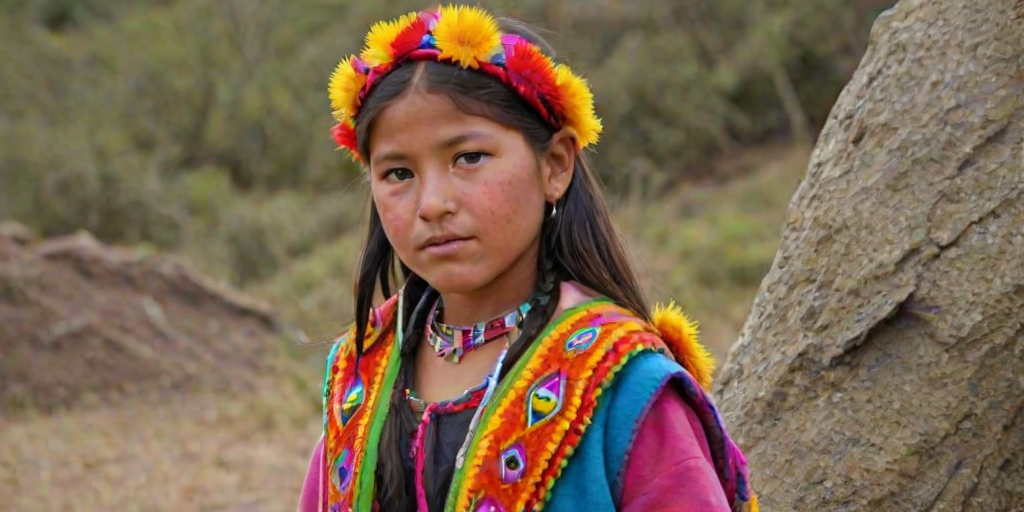 A beautiful Quechua girl, wearing colorful bird clothing with vibrant colors