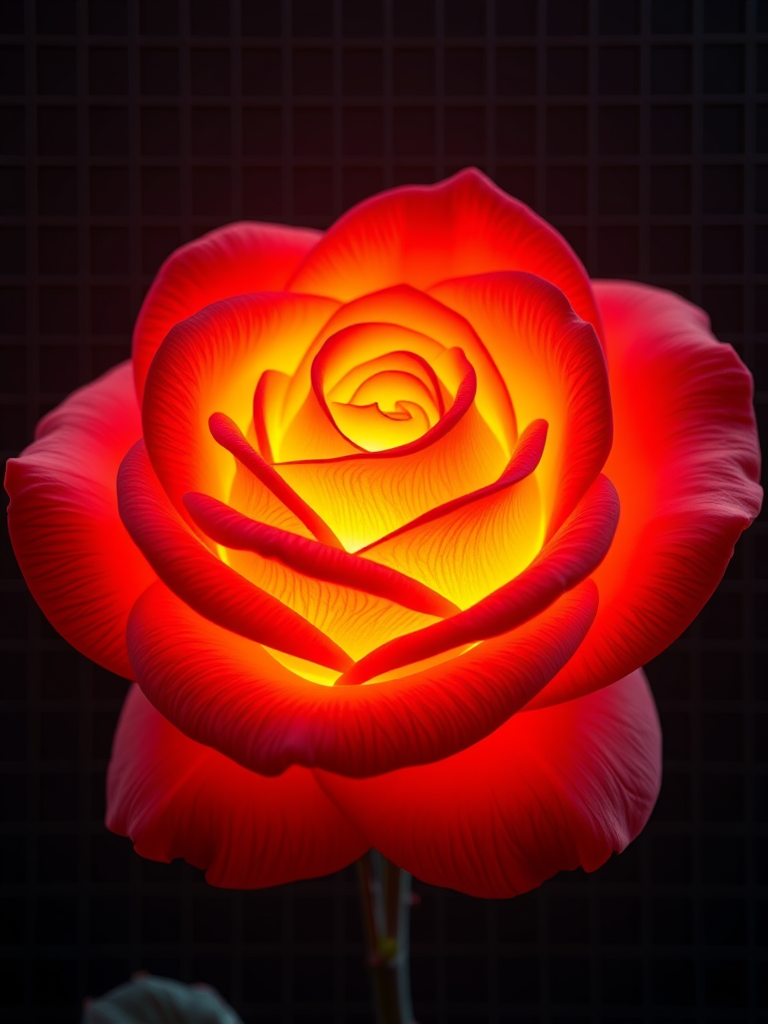 Create a hyper-realistic 3D rendering of a glowing rose with intricate petal details, set against a dark grid background, using a Canon EOS R5 camera with a 50mm f/1.2 lens, aperture at f/1.8, ISO 100, shutter speed 1/125s for optimal sharpness and depth of field.