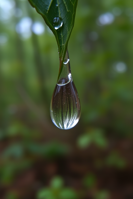 Close-up of a single raindrop hanging from a leaf, the delicate reflection of the surrounding forest captured within, with soft green and brown tones blending in the background under soft morning light.