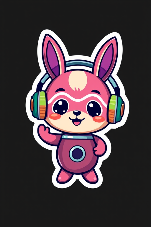 generate sticker, Happy Colorful Bongo wearing Headphones, kawaii, contour, vector, black background