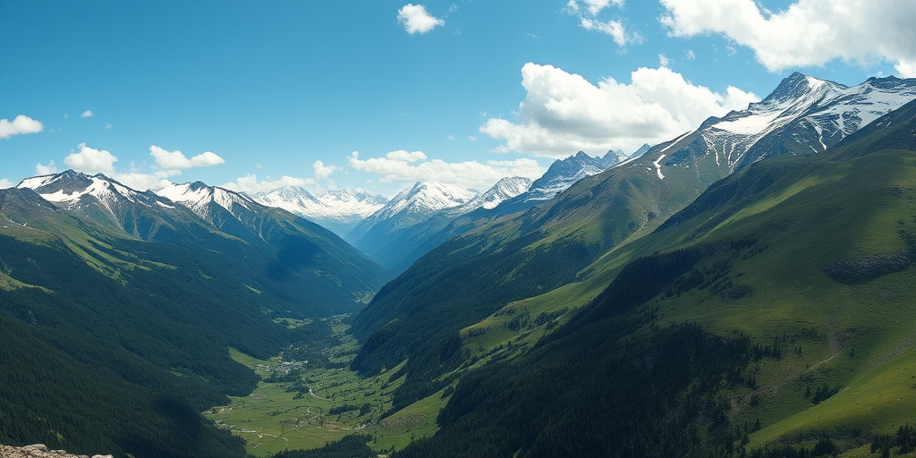 landscape of snow-capped mountains with lush green valleys, wide-angle view, f/11 aperture, ISO 100, 1/250 sec shutter speed, DSLR camera, natural lighting, high-resolution capture