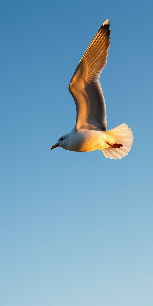 Capture a soaring seagull with wings fully extended in a clear blue sky at sunrise, using a Canon EOS 5D Mark IV, ISO 100, f/8 aperture, 1/1000 sec shutter speed, focal length 200mm, in a portrait orientation for a detailed close-up view.