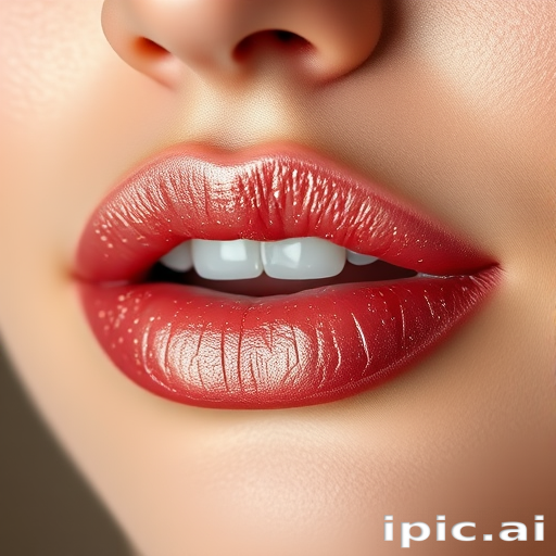 Elegant rose gold "Champagne Kiss" lip gloss illuminates softly curved lips with a lustrous sheen, infused with fine shimmer particles for a luxurious, multidimensional effect