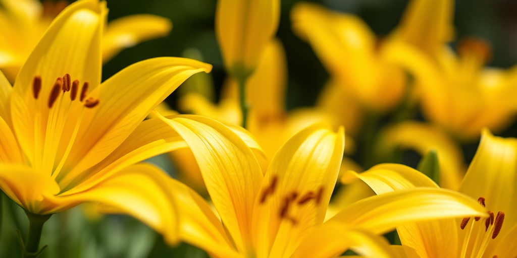 Close-up shot of vibrant yellow lilies, f/2.8 aperture, ISO 100, 85mm lens, natural light, shallow depth of field, high-resolution DSLR camera, captured from a low angle to emphasize the petals.