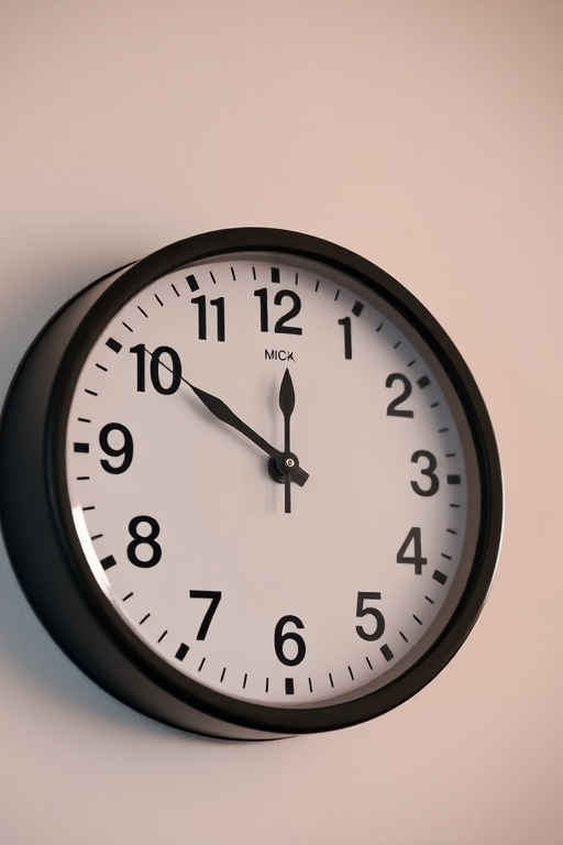 Create a high-resolution image of a round wall clock with a black frame, showing the time as 10:10, using a DSLR camera with a 50mm lens, aperture f/1.8, ISO 100, and a soft focus background for depth.