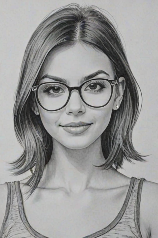 Captivating Victoria Justice, pencil sketch, portrait of Ravishing woman 1926s in glasses, hair style beatnik, outline, clear lines, fine lines, 8k