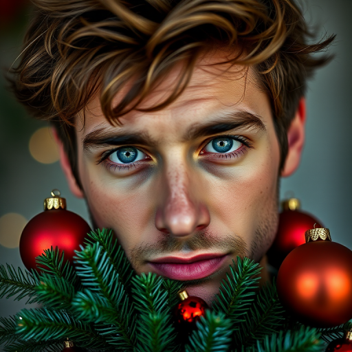 Create a close-up portrait of a male model with striking blue eyes and tousled hair, holding festive holiday greenery with red and silver ornaments, using a Canon EOS R5 with a 50mm f/1.2 lens, set at ISO 100, aperture f/2.8, and a soft, diffused lighting style to enhance facial features and texture.
