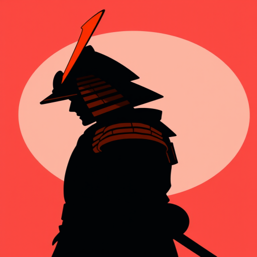 Create a high-resolution illustration of a silhouette of a samurai with an orange conical hat, set against a large red circle, using a digital drawing tablet with a 300 DPI resolution, in a side profile view, emphasizing smooth lines and vibrant colors.