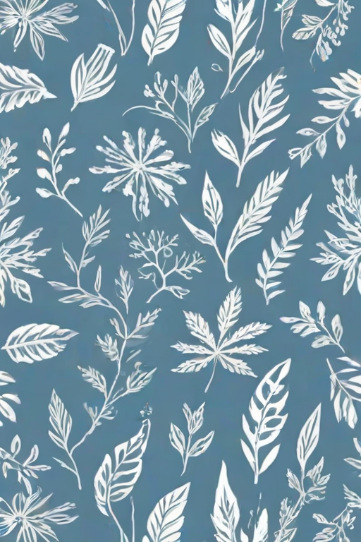 create a seamless pattern with hand-drawn white botanical shapes including leaves and flowers on a soft blue background