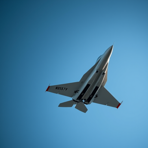 jet fighter soaring through a clear blue sky, captured with a Canon EOS R5, 24mm lens at f/8, shutter speed 1/1000s, ISO 100, aerial view, high dynamic range imaging for enhanced detail and color vibrancy