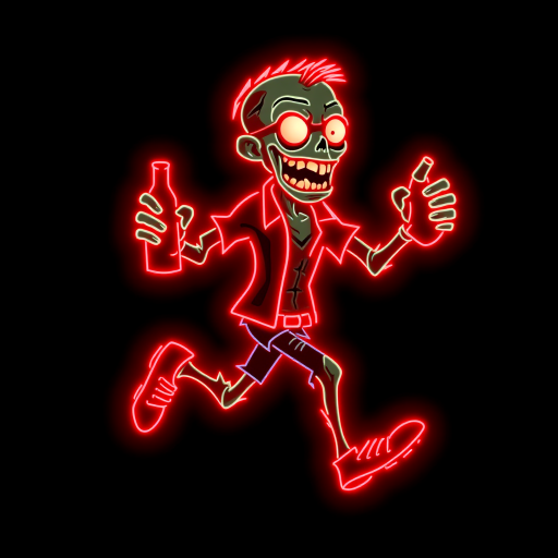 Create an image of a neon sign featuring a cartoon-style zombie in a dynamic pose, holding a bottle. The neon sign should glow in red against a dark background, making the character stand out prominently. The character should appear to be running, capturing attention with its vibrant color and action pose, perfect for advertising or decorative purposes.