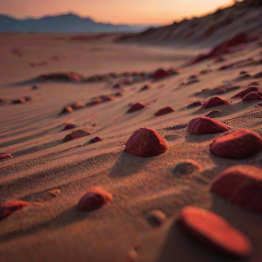 scenery, sand, rock, sky, red colors, depth of field, highly detailed, cinematic lighting, aesthetic