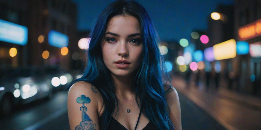 cute, seductive, cloud tattoos on arm, outdoor, intense blue long hair,  neon light passing through hair,  (city background), (depth of field), (artistic photo), (analog film grain), (photo), cinematic shot, bokeh, realistic