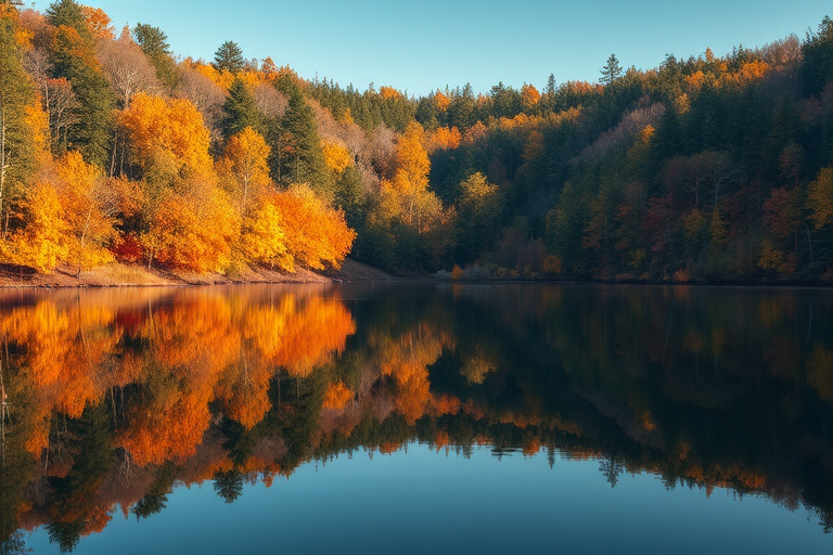 Create a serene landscape image of a forest with autumn colors reflecting in a calm lake, use a Canon EOS R5 with an RF 24-70mm f/2.8L IS USM lens at f/8, ISO 100, 1/125s, shot from a low angle to capture the vibrant foliage and smooth water surface in soft natural light.