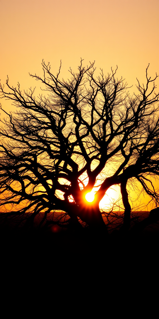 Create an artistic black silhouette of a tree with intricate branches against a bright sunset background, taken with a DSLR camera at f/8 aperture, ISO 200, 50mm lens, landscape orientation, with soft, warm lighting to enhance color vibrancy.