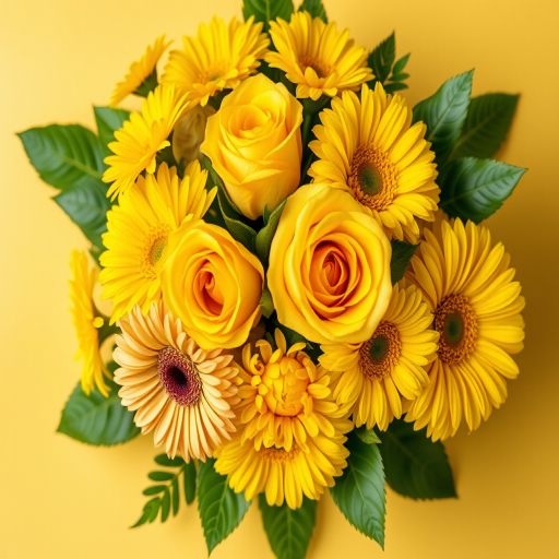 a vibrant bouquet of yellow flowers including roses and gerbera daisies arranged with green leaves on a soft yellow background, shot with a DSLR camera at f/2.8 aperture, 1/125s shutter speed, ISO 100, top-down view with a macro lens for enhanced detail and color saturation