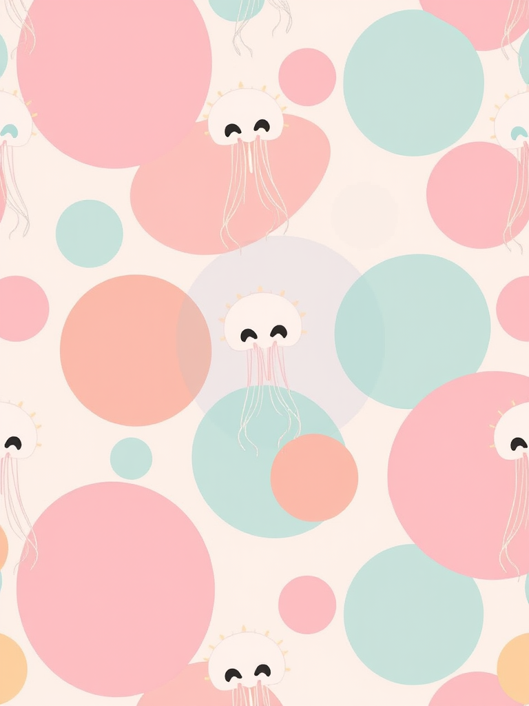 Generate a seamless pattern featuring abstract shapes like jellyfish and circles in pastel colors on a light background, using a Canon EOS 5D Mark IV with a 50mm lens at f/8, ISO 100, and a flat lay view to enhance image clarity and detail.
