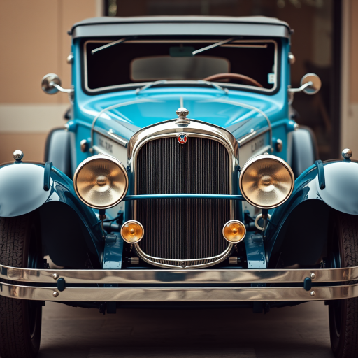 Generate a high-resolution image of a classic 1920s blue vintage car, captured from a frontal angle using a DSLR camera, with a focal length of 35mm, aperture set to f/8 for enhanced depth of field, and soft diffused lighting to highlight the car's details.