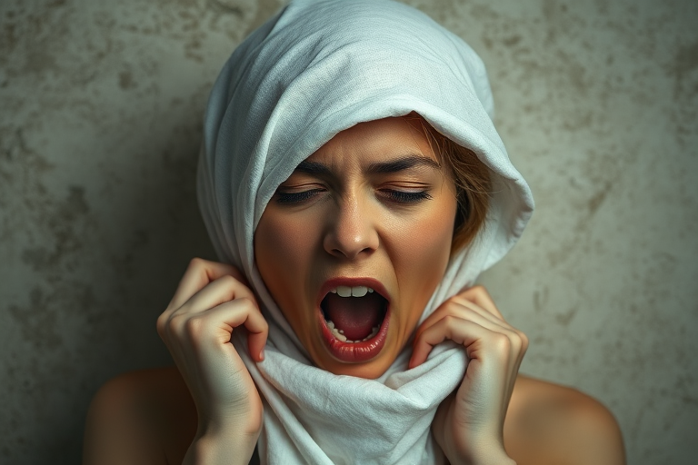 Create a close-up photographic image of the head and torso of a person with light skin tones shown against an old, worn wall. Their head is wrapped in a white cloth covering (i.e.... parts of the head except the nose and mouth, which are open as if they are screaming...), with a slight texture and visible folds in the fabric. Thin strands of blonde hair escape from the wrapping above, falling lightly at the top and sides. Their hands hold the fabric as if they are tugging nervously. The lighting is dramatic and even, casting strong shadows. The image has a minimalist and surreal style with an emphasis on simplicity with soft color tones. The composition is centered.