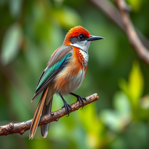 Create a highly detailed illustration of a bird perched on a branch, showcasing its long, colorful tail feathers, in a natural setting with vivid colors and sharp contrast, using a DSLR camera, 50mm lens, f/2.8 aperture, ISO 100, and soft natural lighting for enhanced realism.