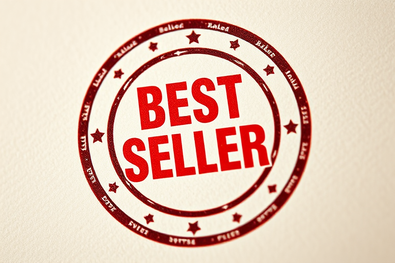 Create a high-resolution image of a circular stamp design with the text "BEST SELLER" prominently displayed in bold red, using a DSLR camera with a 50mm lens, f/1.8 aperture, ISO 100, and a shallow depth of field to enhance focus on the stamp.