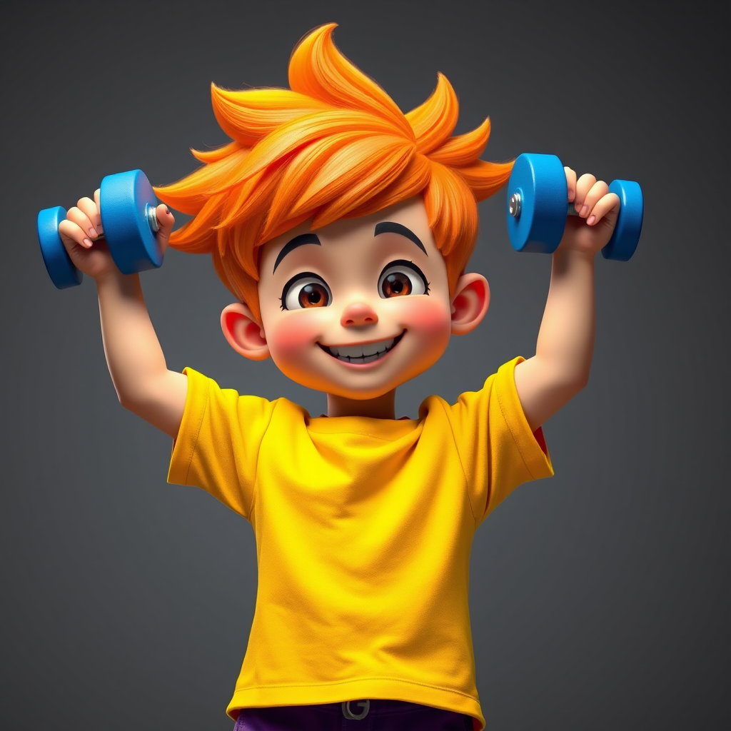 Create a high-resolution image of a cartoonish boy with bright orange hair, smiling while lifting blue dumbbells above his head, wearing a yellow shirt and purple shorts, captured with a Canon EOS R5 at 50mm, f/1.8 aperture, ISO 100, in a studio lighting setup for vibrant colors and sharp details.