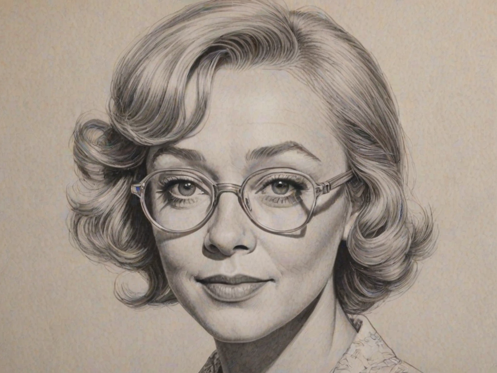 Wonderful Glynis Johns, pencil sketch, portrait of Graceful woman 1975s in glasses, hair style beatnik, outline, clear lines, fine lines, 8k