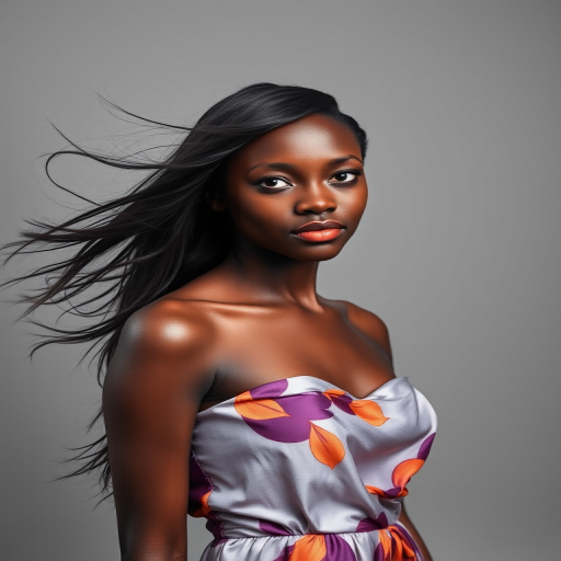 Photographic image of a beautiful young Igbo woman, white eyes, lips with brown lipstick, long hair fluttering in the wind and wearing a silk strapless dress with a soft purple and orange print. monochrome image with only color highlights in the iris of the eyes, lipstick and dress. Gray background.