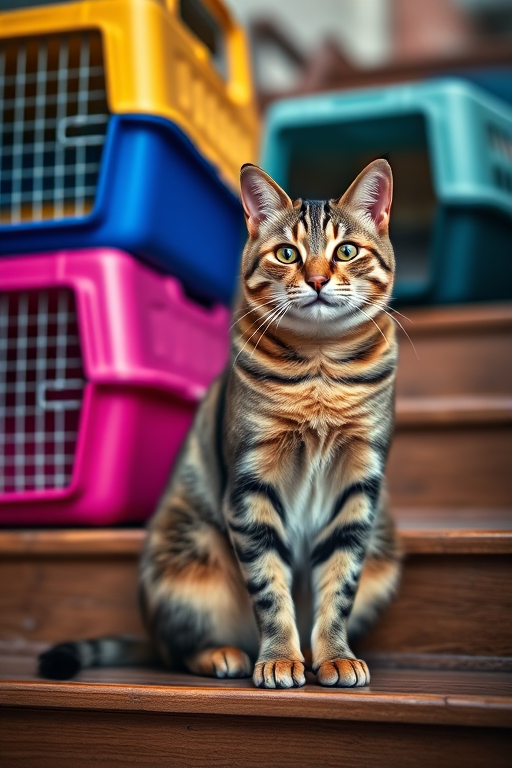 photograph a tabby cat sitting on stairs next to stacked pet carriers with vibrant colors, taken using a DSLR camera with a 50mm lens, aperture set to f/2.8, ISO 200, natural light, capturing a shallow depth of field for enhanced background blur