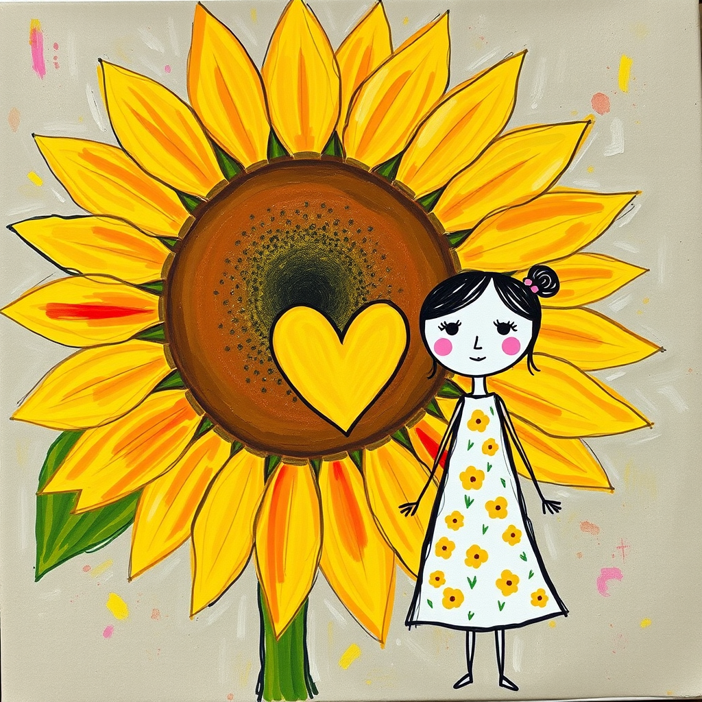 Stylized impressionism painting of a large sunflower with an oversized center and colorful petals. Beside, a young female character with eyes represented by dots and a mouth by a line, pink cheeks, hair attached, arms and legs a black line, flowery white dress triangle shape. A yellow heart surrounded by a black line between the two. Textured background with touches of colorful paint. Childish style.